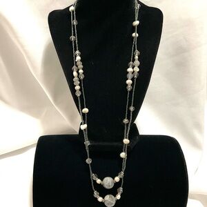 Necklace of Grey Labdorite, Fresh Water Cultured Pearls & Faceted Crystals